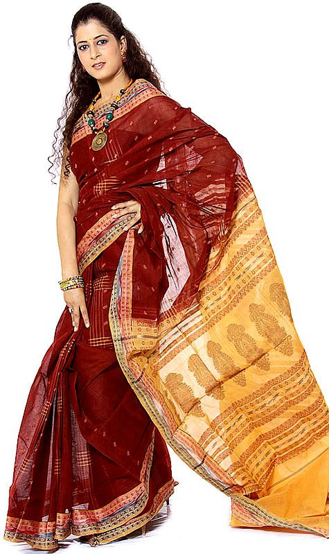 Maroon Sari from Kolkata with Ikat Border and All-Over Bootis