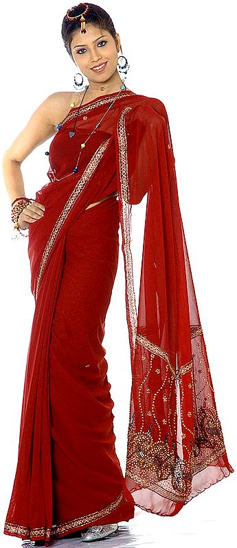 Maroon Sari with Antique Beadwork and Gota Border