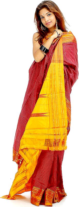 Mauve and Golden Narayanpet Sari with Fine Checks