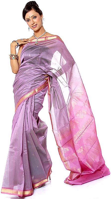 Mauve Chanderi Sari with All-Over Bootis in Golden Thread