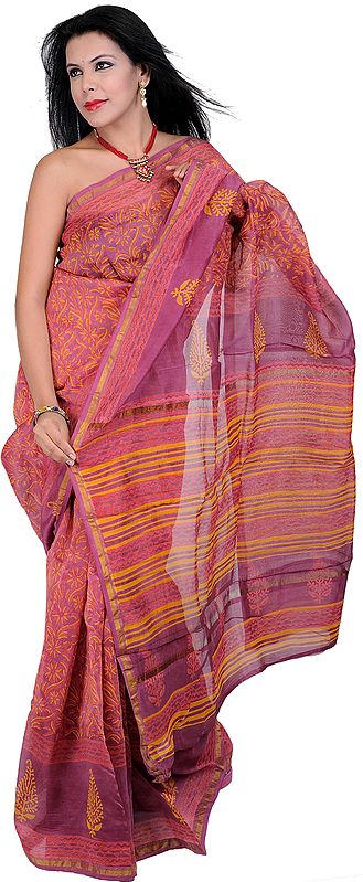 Mauve Chanderi Sari with Printed Flowers All-Over
