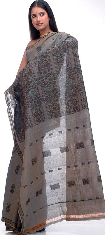 Medion Gray Bengal Cotton Sari with Jacquard Weave