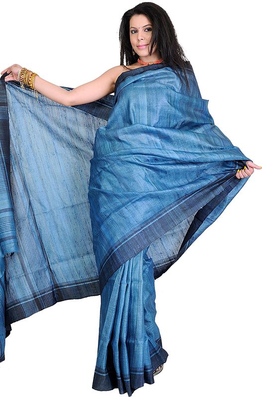 Mediterranian-Blue Kosa Silk Sari from Jharkhand with Woven Stripes
