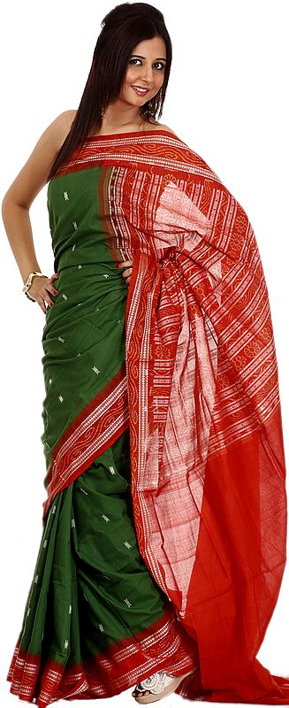 Medium-Green Bomkai Sari from Orissa with All-Over Woven Bootis and Rudraksha Border