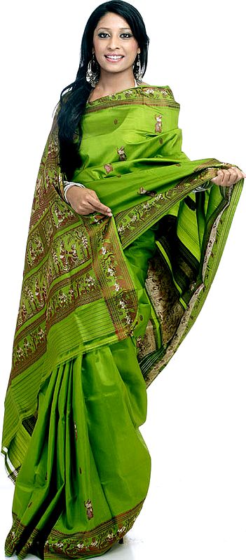 Mehandi-Green Baluchari Sari Depicting Dushyant and Shakuntala
