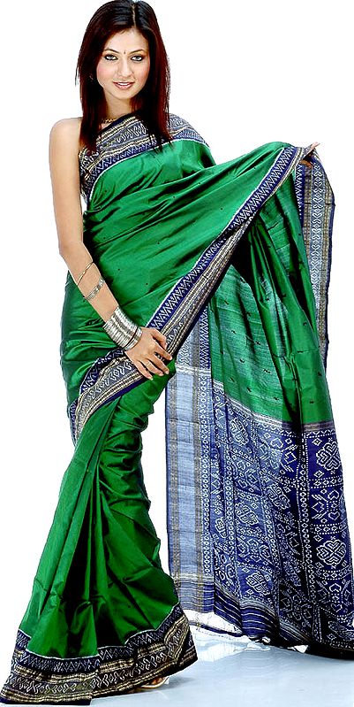 Metallic Green Sari with Rudraksha Border, Hand-woven in Pochampally Village