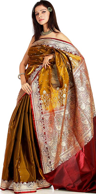 Metallic-Khaki Banarasi Sari with Golden Bootis and Brocaded Anchal