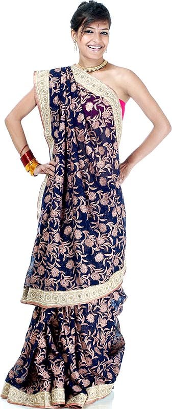 Midnight Blue Block Printed Sari with Sequins