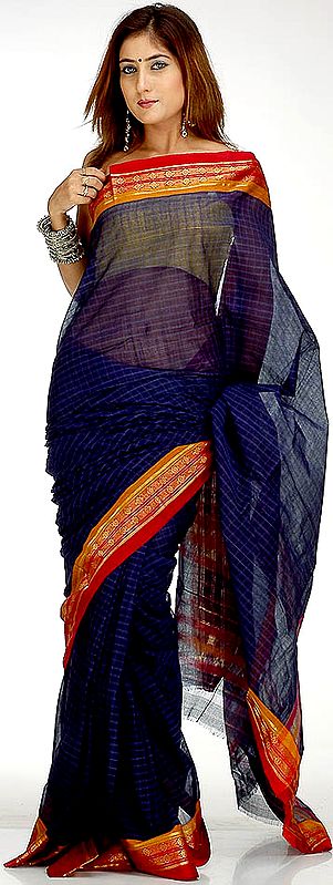 Midnight Blue Narayanpet Cotton Sari with Checks