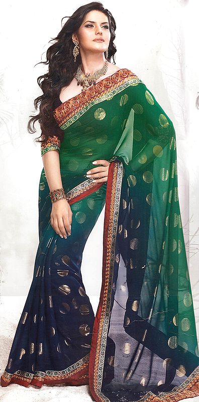 Midnight-Blue and Green Designer Sari with Patch Border and Woven Circles