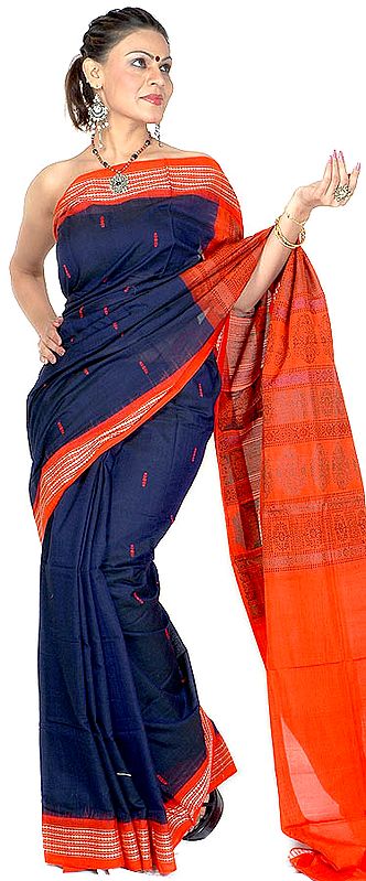 Midnight-Blue and Orange Bomkai Sari from Orissa