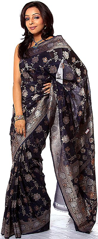 Midnight-Blue Banarasi Sari with All-Over Woven Flowers