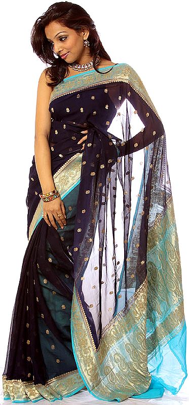 Midnight-Blue Banarasi Sari with Bootis Woven in Golden Thread and Turquoise Anchal