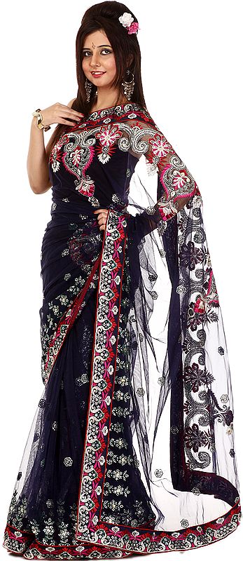 Midnight-Blue Designer Sari with Metallic Thread Embroidery, Sequins and Patch Border