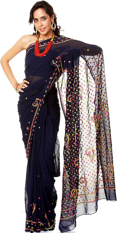 Midnight-Blue Hand-Embroidered Chikan Sari from Lucknow