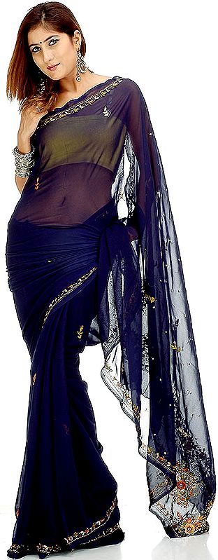 Midnight-Blue Sari with Beads and Threadwork