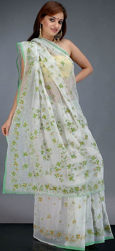 Milky White Sari with Thread Work and Sequins