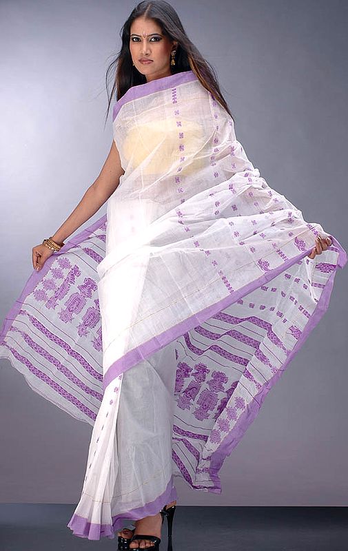 Milky-White and Lilac Sari from Bengal
