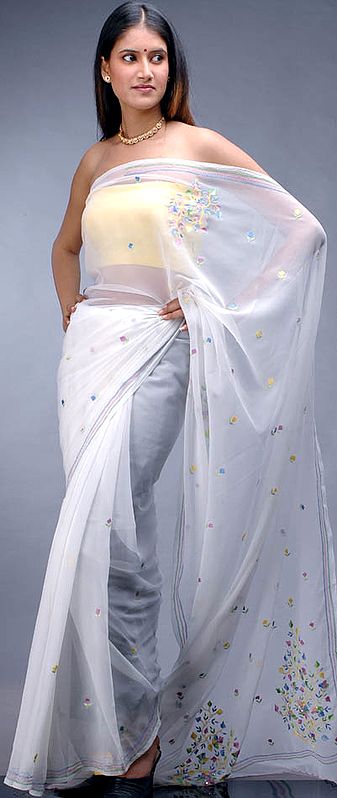 Milky-White Sari with Threadwork and Sequins