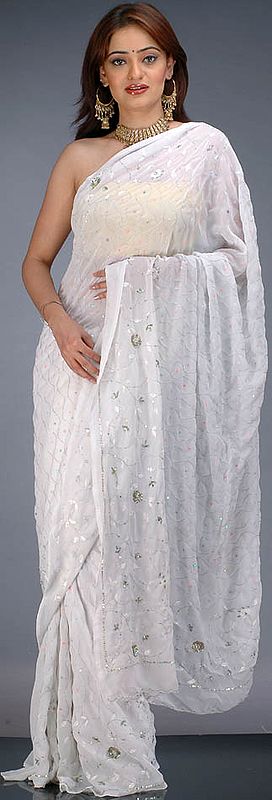 Milky-White Wedding Sari with Threadwork and Sequins