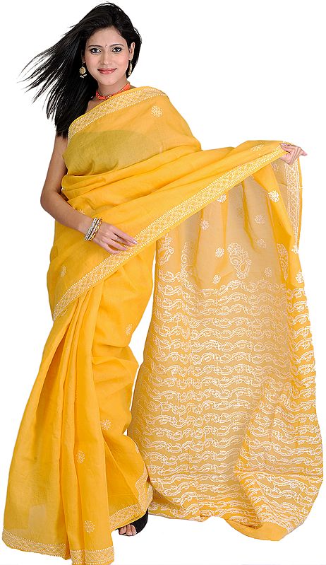 Mineral Yellow Lukhnavi Chikan Sari with Embroidery by Hand