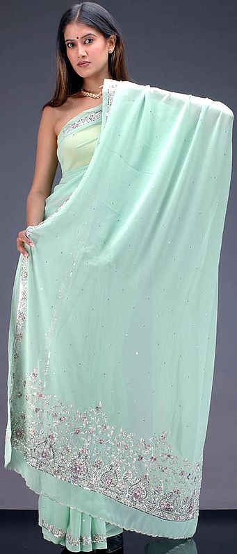 Mint Sari with All-Over Sequins