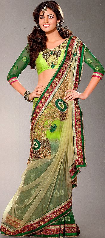Misty-Jade Designer Sari with Metallic Thread Embroidery and Patch Border
