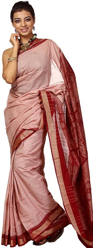 Misty-Rose Bomkai Sari from Orissa with All-Over Woven Bootis and Rudraksha Border