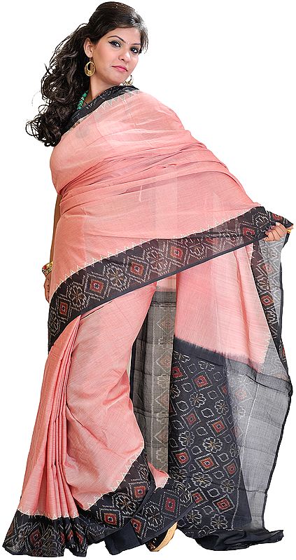 Misty-Rose Plain Sari from Pochampally with Ikat Weave on Border and Aanchal