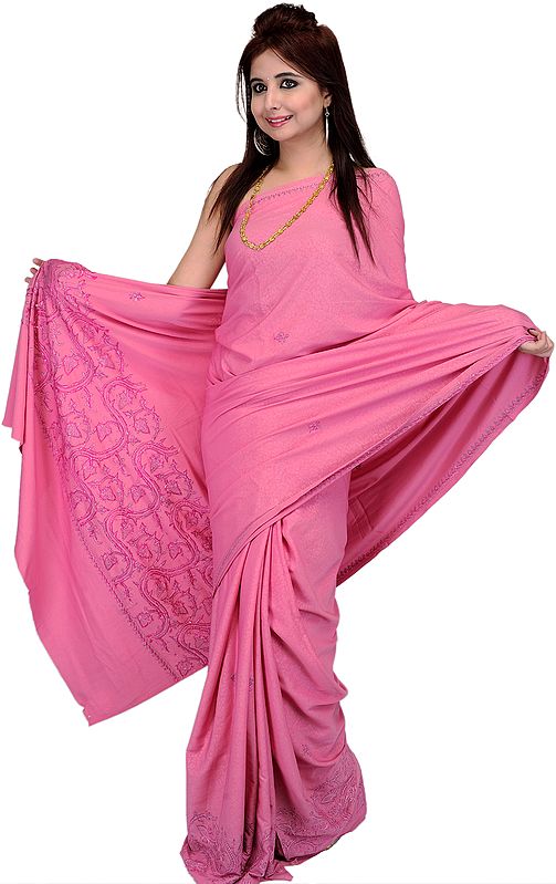 Morning Glory-Pink Kashmiri Sari with Needle Embroidery and Self-Weave
