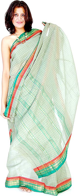 Moss Green Narayanpet Cotton Sari with Checks