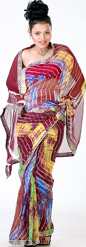 Multi-Color Batik Dyed Sari from Rajasthan with Gota Border
