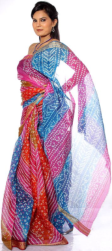Multi-Color Bandhani Silk Sari from Rajasthan