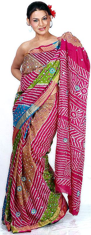 Multi-Color Bandhani Silk Sari from Rajasthan with Mirrors