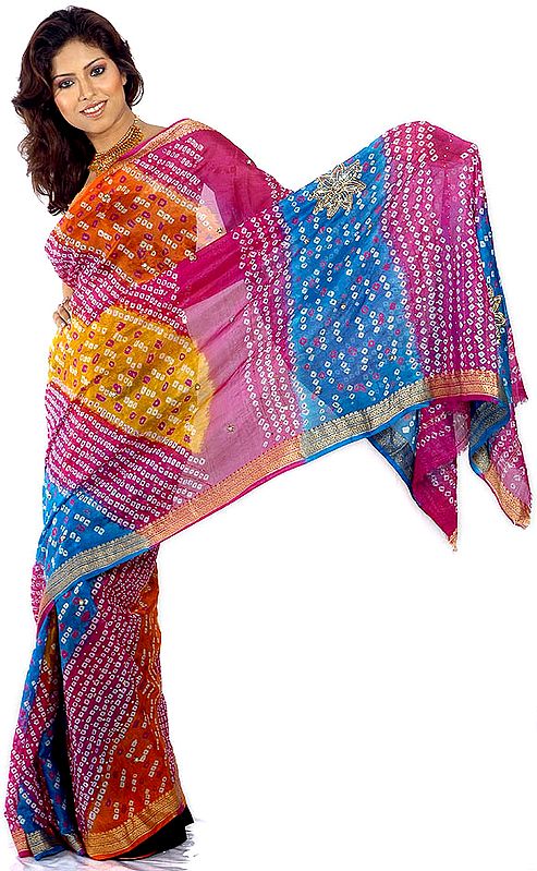 Multi-Color Bandhani Silk Sari from Rajasthan with Beadwork