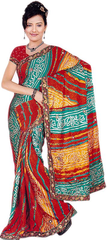 Multi-Color Bandhani-Printed Sari with Floral Patch Border