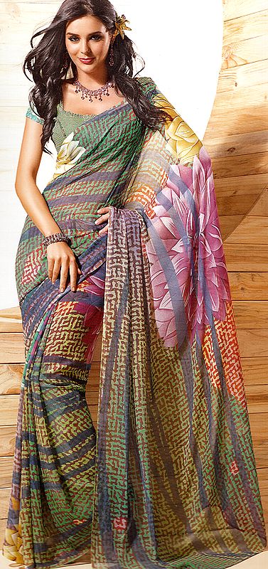 Multi-Color Designer Sari with Large Printed Flower on Pallu
