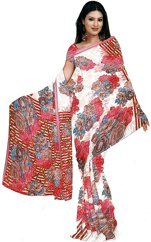 Multi-Color Designer Sari with Large Printed Flowers All-Over