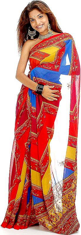 Multi-Color Printed Sari with Threadwork and Sequins