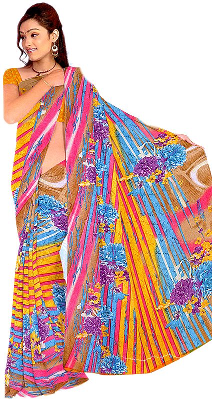 Multi-Color Rainbow Sari with Printed Flowers and Thread Work