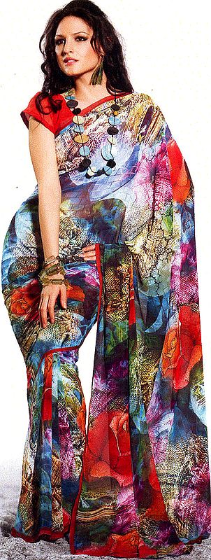 Multi-Color Sari with Large Printed Roses