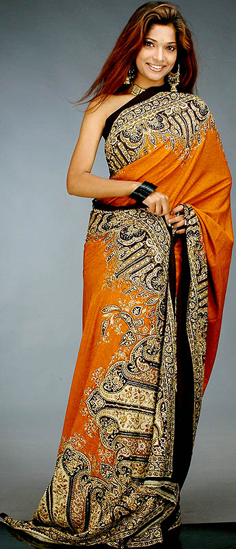 Mustard and Black Printed Sari with Beads and Threadwork
