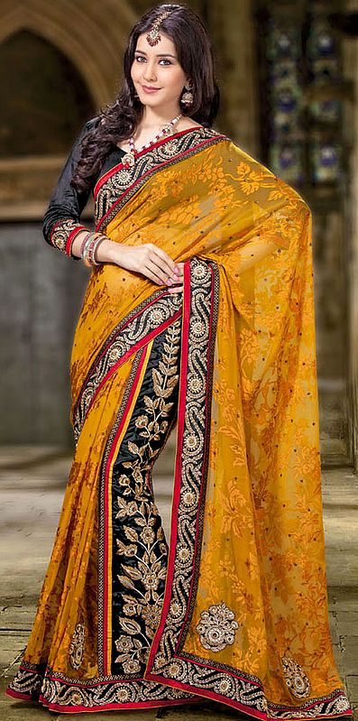 Mustard and Black Sari with Embroidered Sequins All-Over and Floral Patch Border