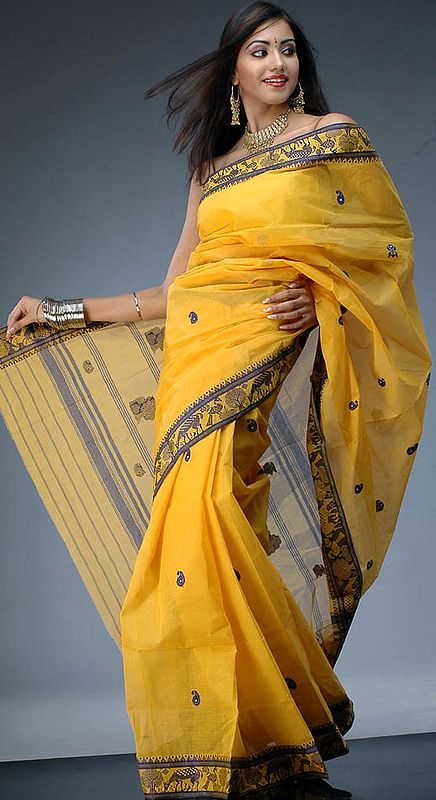 Mustard and Blue Handwoven Sari from Calcutta