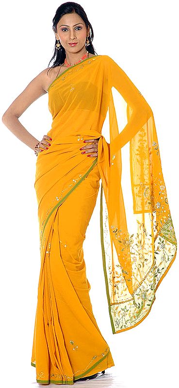 Mustard and Green Sari with Sequins and Threadwork