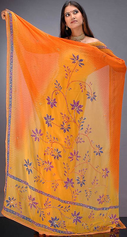 Mustard and Orange Sari with Floral Print and Sequins
