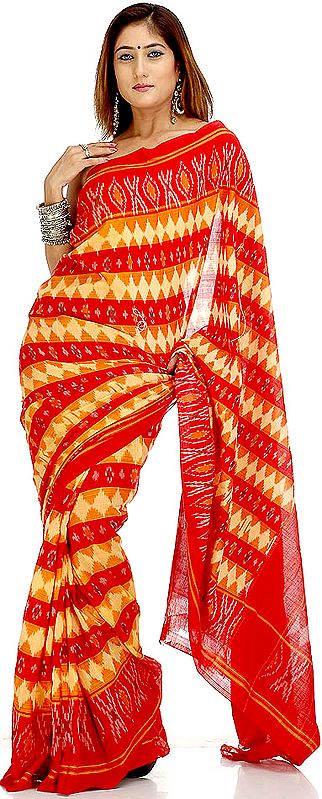 Mustard and Red Pochampally Sari