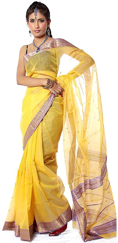 Mustard Chanderi Sari with Golden Thread Weave on Border and Bootis