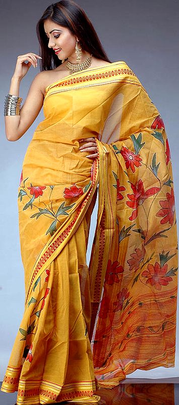 Mustard Floral Painted Sari with Kantha Stitch