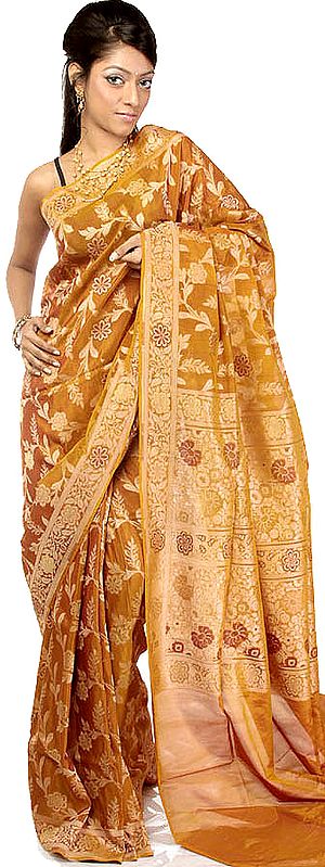 Mustard Handloom Sari from Banaras with Flowers Woven All-Over
